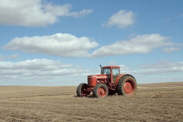 Aufkleber - Red tractor working in a plowed field under a clear blue sky with fluffy clouds during daytime. Generative AI