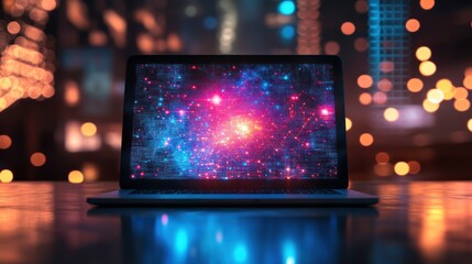 Laptop displaying vibrant digital data network on screen at night.