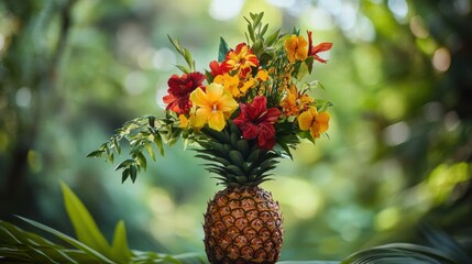 Poster - Bright arrangement of tropical flowers atop a fresh pineapple in a lush garden setting. Generative AI