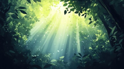 Aufkleber - Sunlight filters through leaves in a tranquil green forest creating a peaceful and serene atmosphere. Generative AI