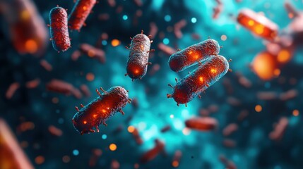 Leinwandbilder - Exploring the vibrant world of microbes with 3D render featuring glowing bacteria and intricate cellular structures. Generative AI