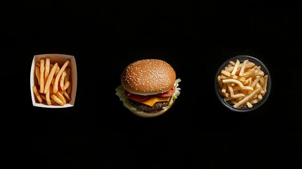 Wall Mural - Top-down view of fast food with a burger, fries, and a soda, ready for use in marketing, with space for text.