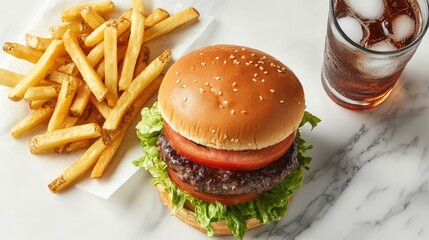 Wall Mural - Top view of a burger with lettuce and tomato, fries, and a refreshing soda, leaving plenty of room for a recipe or text.