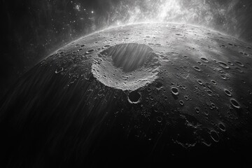 a large impact crater dominates this monochrome lunar surface, showing the texture and vastness of s