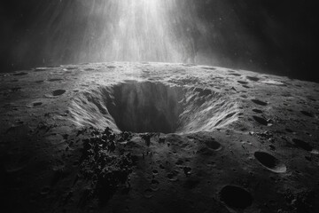 Wall Mural - a dramatic monochrome view of a lunar crater, bathed in ethereal light, showcasing the moon's rugged