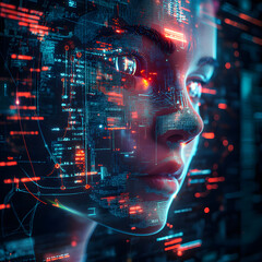 Wall Mural - image of a girl with a hologram of a digital network and connections. technological design. interact