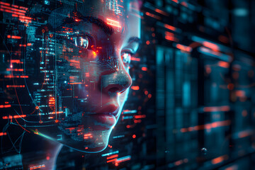 Wall Mural - image of a girl with a hologram of a digital network and connections. technological design. interact