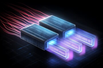 Wall Mural - abstract data flow: glowing rectangles with fiber optic cables on dark grid.