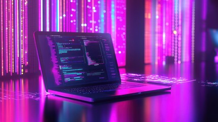 Laptop displaying code in vibrant neon-lit room.