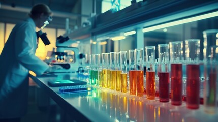 Aufkleber - Laboratory scene featuring a scientist examining samples with microscopes and colorful test tubes during a research session. Generative AI