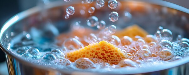 Wall Mural - Cleaning sponge in boiling water. Kitchen hygiene