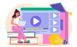 © Aleksey - Librarian blog online. Woman with laptop recording video. Education, learning and training. Love for literature and reading. Online courses and lessons. Flat vector illustration