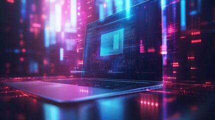 Laptop displaying futuristic digital code on screen.