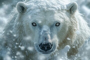 Wall Mural - arctic polar bear emerging from snowstorm, fierce expression, frost-covered fur, intense eyes, drama