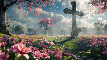 Wall Mural - serene landscape featuring cross surrounded by blooming flowers and trees. scene captures peaceful atmosphere with soft clouds and gentle petals falling, evoking sense of tranquility