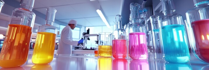 Poster - Colorful solution experiments in a laboratory with microscopes and various test tubes during daytime. Generative AI