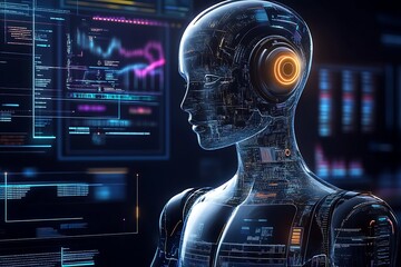 Leinwandbilder - Futuristic Artificial Intelligence Interface with Digital Data and Cybernetic Human Profile : Generative AI