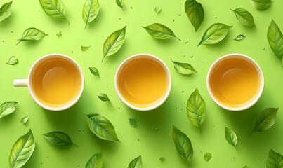 Sticker - Green tea cups, leaves, flatlay, spring, ad