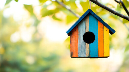 A colorful birdhouse hangs on a tree branch, surrounded by soft, blurred greenery, creating a charming garden atmosphere.