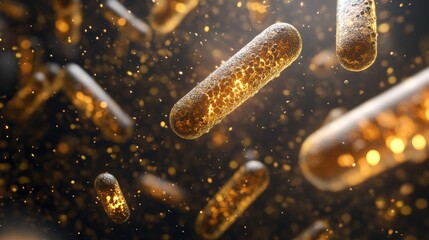 Leinwandbilder - 3D render of glowing microbes in a dark environment showcasing intricate details and vibrant textures. Generative AI