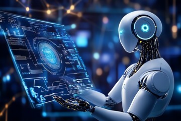 Fototapete - Futuristic AI Robot Interacting with Digital Display in Advanced Technology Environment : Generative AI