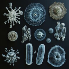 Fototapete - Bacteria evolution sequence showing diverse shapes and structures under a microscope over time. Generative AI