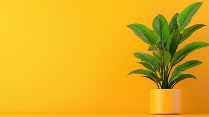 Wall Mural - Lush Green Plant in Bright Yellow Pot Against Vibrant Yellow Background