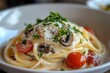 © The Little Hut - Creamy Pasta Dish with Fresh Herbs and Cherry Tomatoes in White Sauce : Generative AI