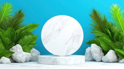 Wall Mural - Circular Marble Display on Blue Background with Tropical Foliage