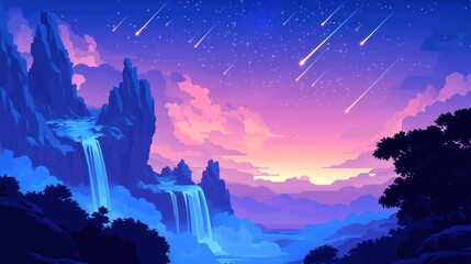 Wall Mural - magical waterfall landscape at sunset with shooting stars.