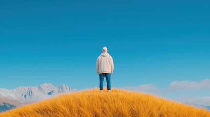 Poster - Person Standing on Hilltop Surrounded by Yellow Grass and Mountains