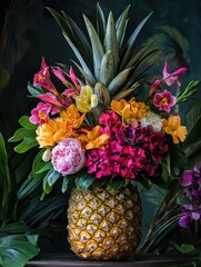 Poster - Colorful floral arrangement in a pineapple vase surrounded by lush greenery. Generative AI