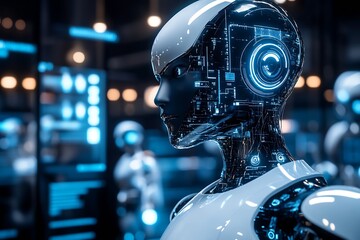 Poster - Advanced AI Robot with Blue Circuitry Engaged in High Tech Interactive Display : Generative AI