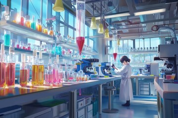 Poster - Laboratory environment showcasing advanced scientific equipment and colorful test tubes in vibrant workspace during daytime. Generative AI
