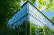 © The Little Hut - Green Glass-Reflected Office Building with Nature and Sky Symbiosis in Cityscape : Generative AI