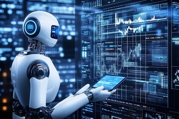Poster - Futuristic Robot Analyzing Data on Digital Screen in Tech Environment : Generative AI