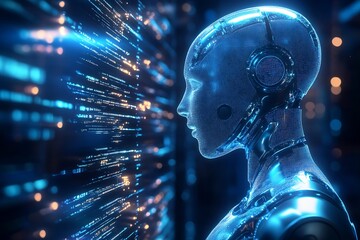 Leinwandbilder - Futuristic humanoid robot interacting with digital data in virtual environment : Generative AI
