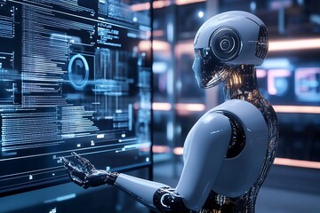 Leinwandbilder - Sophisticated AI robot interacting with digital code in tech-driven environment : Generative AI