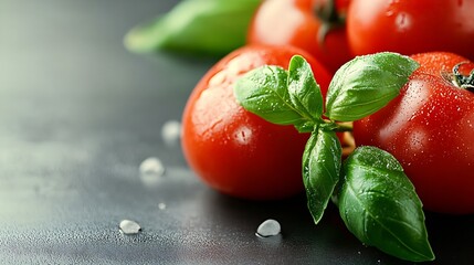 Wall Mural - Fresh organic ripe tomatoes with basil leaves and water droplets on slate background : Generative AI