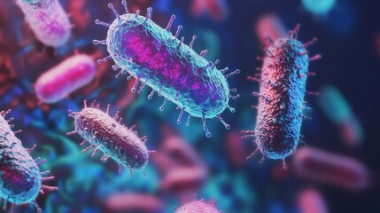 Fototapete - 3D render showcasing various types of colorful microbes in a vibrant microscopic environment. Generative AI