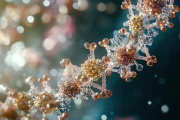Poster - Close up view of an intricate molecular RNA chain surrounded by various viruses emphasizing the complexity of biological interactions. Generative AI
