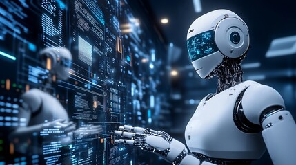 Aufkleber - Futuristic humanoid robot interacting with advanced digital interface in high-tech setting : Generative AI