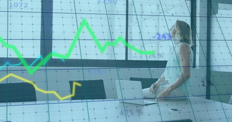 Wall Mural - image of data processing and diagrams over caucasian businesswoman thinking