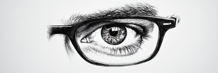 Poster - Detailed close up view of a human eye with glasses showcasing intricate iris patterns and reflection. Generative AI