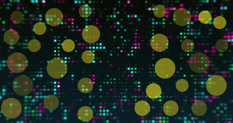 Poster - Image of yellow light spots over twinkling coloured data pixels on dark background