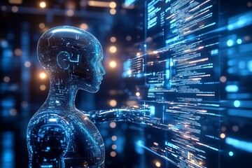 Leinwandbilder - Advanced humanoid robot engaged with complex digital information display : Generative AI
