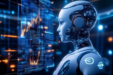 Leinwandbilder - High-Tech Robotic Figure Analyzing Financial Data on Digital Display : Generative AI