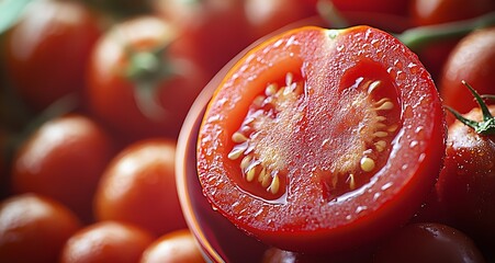 Closeup of fresh juicy tomato slice with seeds and vibrant red texture : Generative AI