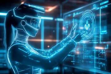 Leinwandbilder - High Tech Female Character Operating Digital Interface with Futuristic Holographic Displays : Generative AI