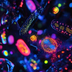 Fototapete - Exploring the vibrant world of antibiotics and bacteria through a microscopic lens in a laboratory setting. Generative AI